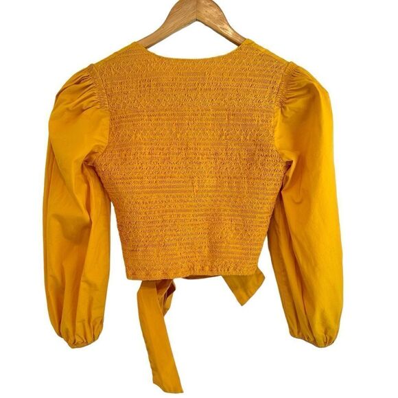 SAYLOR Abril Yellow V-Neck Wrap Smocked Back Puff Sleeve Cropped Top - Picture 5 of 7